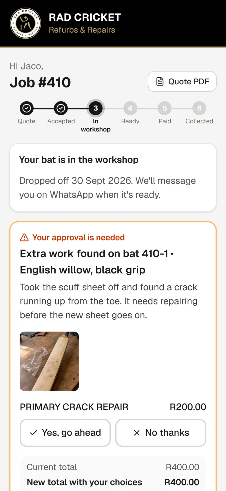 RAD Cricket client page asking the client to approve extra work with a photo
