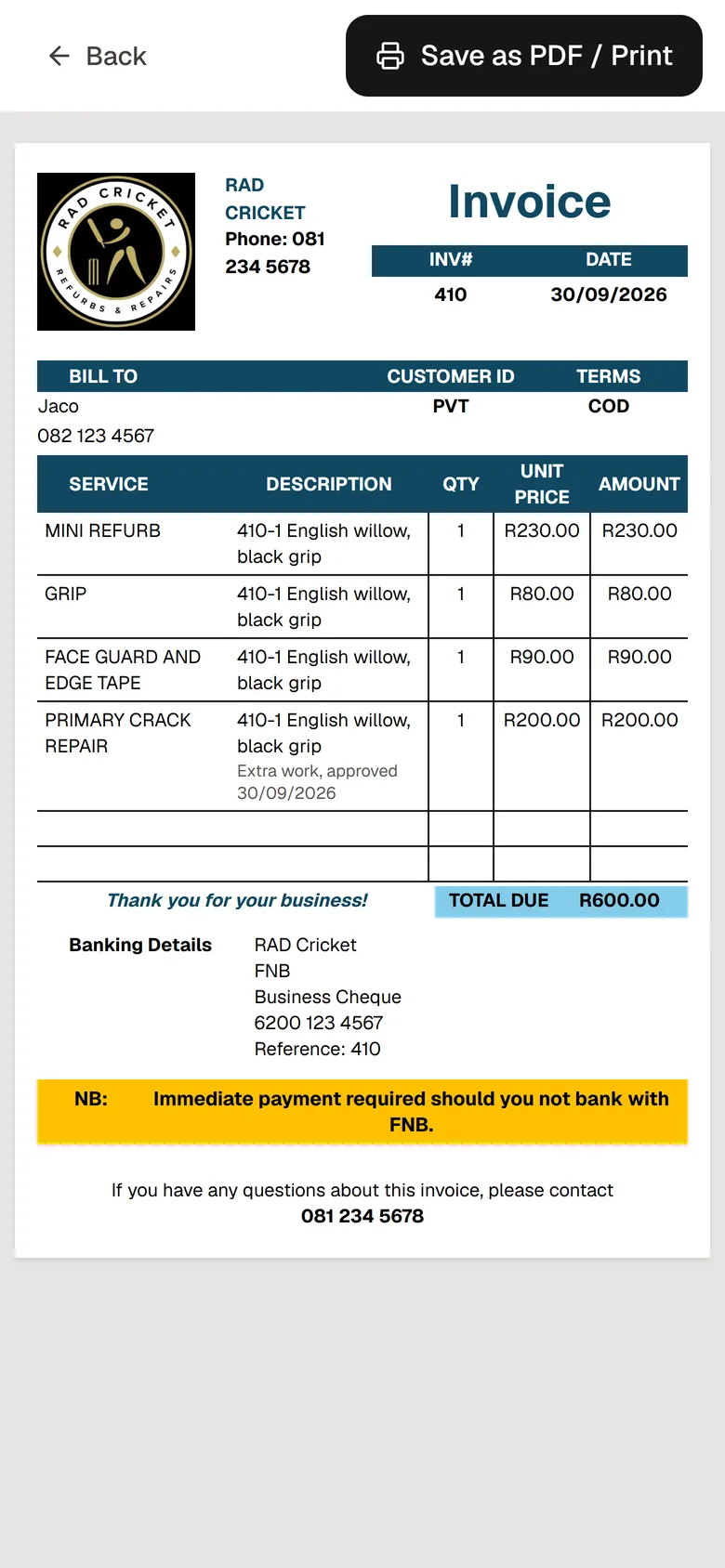 Generated RAD Cricket invoice PDF
